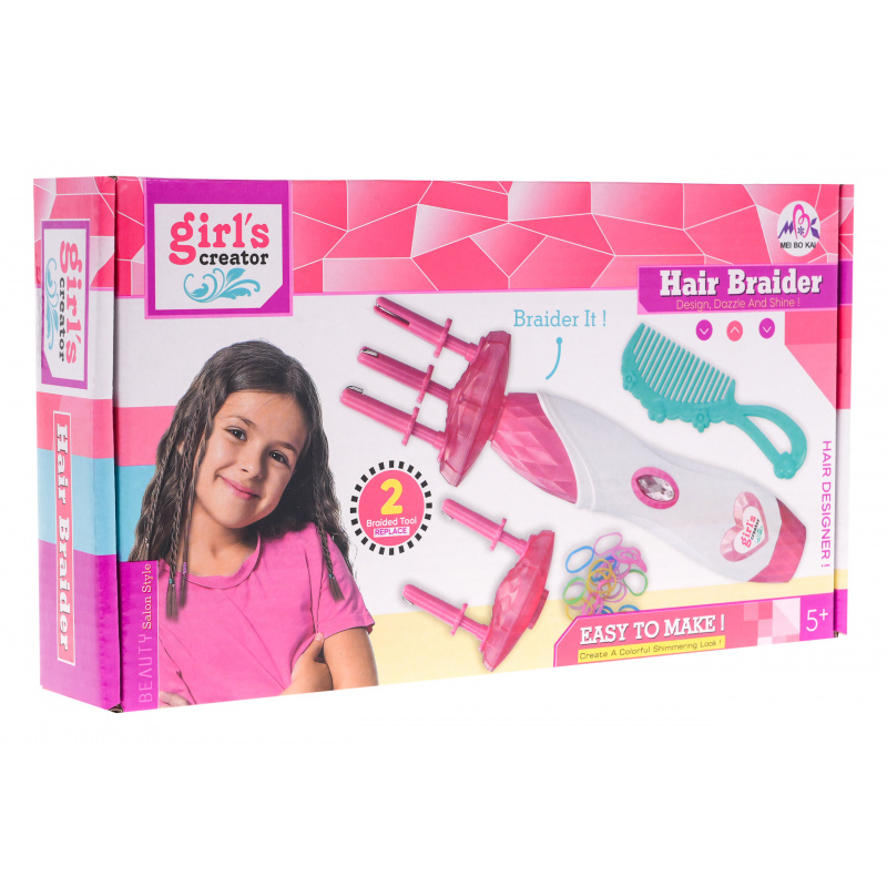 Sada na zaplétání copánků 2 v 1 pro děti 5+ Zaplétací strojek + 2 výměnné čepičky + 50 gumiček do vlasů + hřeben