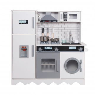 Aga4Kids Dětská dřevěná kuchyňka Hedwig XXL s digestoří pračkou a realistickými efekty Bílošedá