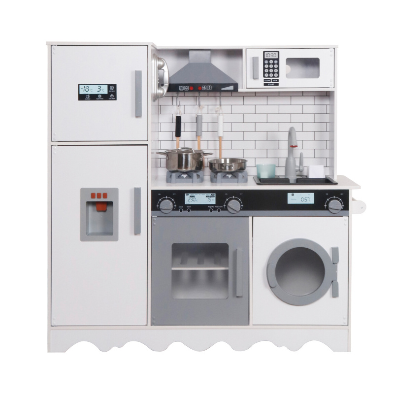 Aga4Kids Dětská dřevěná kuchyňka Hedwig XXL s digestoří pračkou a realistickými efekty Bílošedá