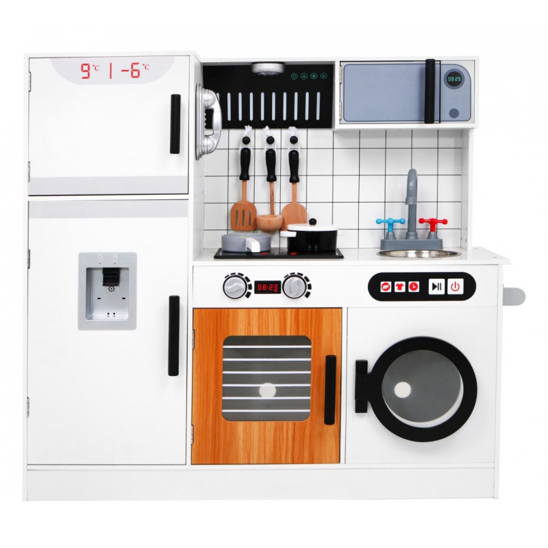 Velká dětská dřevěná kuchyňka 3+ bílá + interaktivní zvuky Světla + příslušenství