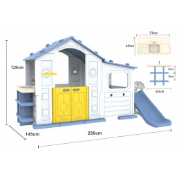Velký dům s předsíní, skluzavkou a umyvadlem modrá střecha