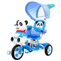 dětské tříkolové kolo Panda Blue + zvuky + stříška + zábrana + opěrka nohou + rukojeť + ližiny + úložný prostor