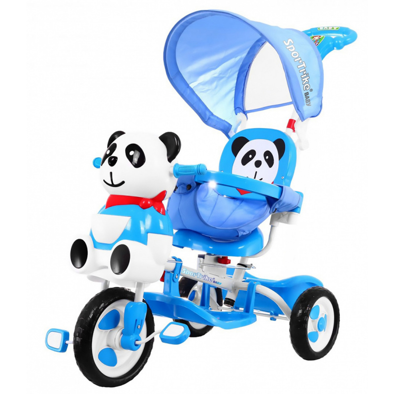 dětské tříkolové kolo Panda Blue + zvuky + stříška + zábrana + opěrka nohou + rukojeť + ližiny + úložný prostor