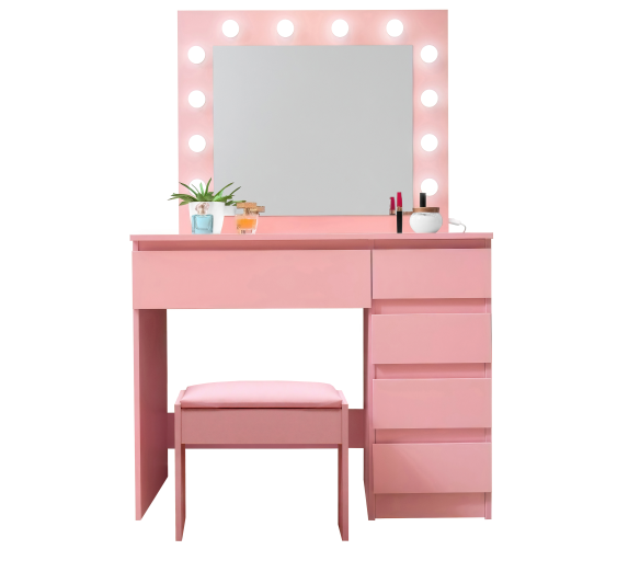 Aga Toaletní stolek se zrcadlem a osvětlením + taburet Růžový